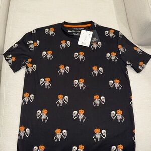 Denim & Flower Black Tee with Skeleton and Pumpkin Design